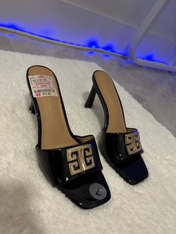 Black Patent Heeled Mule Sandals with Gold Hardware