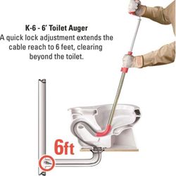 6’ RIDGID Toilet Snake Auger with Heavy-Duty Drop Head Plumber Plunger Stainless Steel Drain Clog