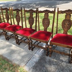 Set of 6 Antique Vintage Jacobean Style Victorian Era Oak Carved Chairs