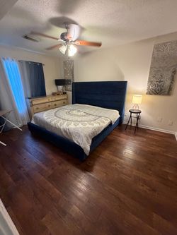 Navy Blue Upholstered King Bed Frame