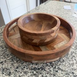 Herringbone Wood Serving Bowl And Tray / Platter - Made In India 