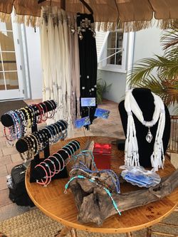 Beaded anklets and fun scarves.