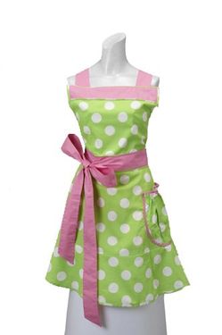 The Betty Designer Apron Green & White Dot with Pink Ties