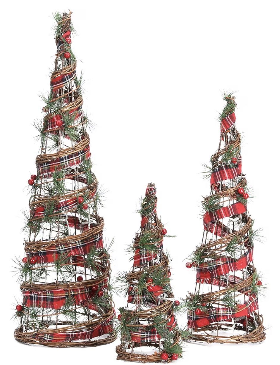 Red Christmas Plaid Trio Rattan Vine LED Lighted Cone Tree Set