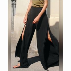Zara Side Slit Wide Leg Black Lightweight Pants