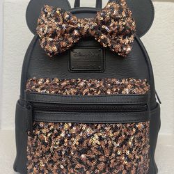 Disney Loungefly Backpack: Minnie Mouse Ears Sequined Mini Backpack– Belle Bronze