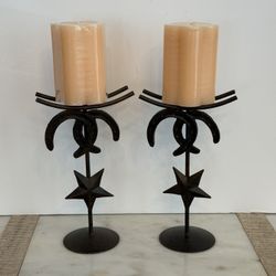 Rustic Handmade Pair of Metal Horseshoe & Star Candle Holders 
