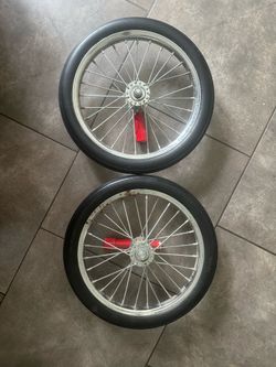 Pair of 16” x 1.75 Flat-Free Spoked Wheels – Solid Tires