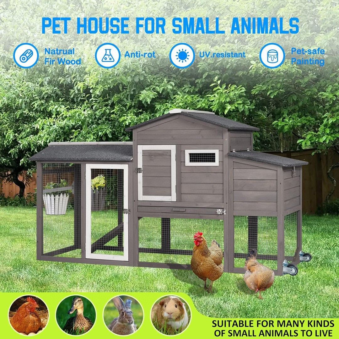 71" Chicken Coop Backyard Hen House Wooden Tractor Poultry House for Indoor Outdoor, with Chicken Nesting Box, Wheels, Waterproof Roof, Pull Out Tray