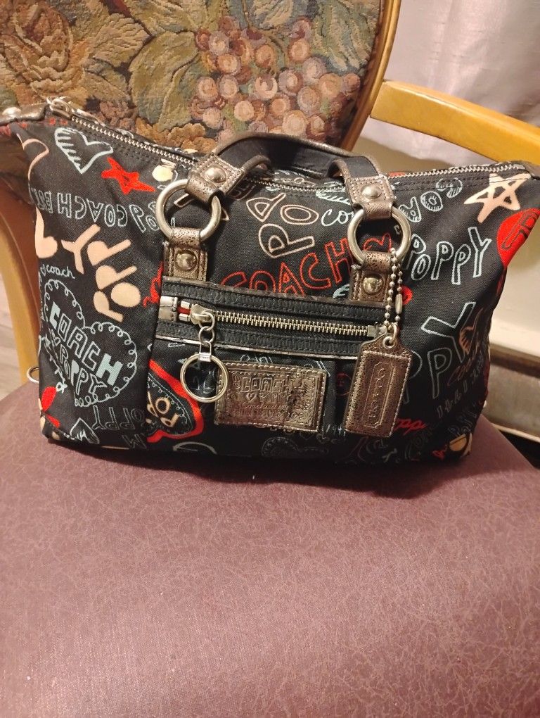 Coach Poppy Graffiti LUXY Satchel Canvas 2-way Tote Shoulder Bag Black Silver