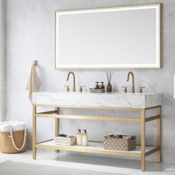 60 in. W x 22 in. D x 33.9 in. H Double Sink Bath Vanity in Brushed Gold with White Stone Top