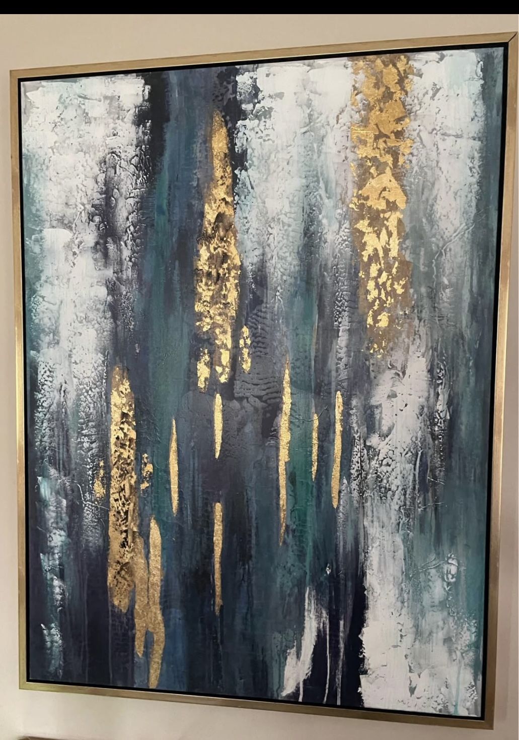 Modern Abstract Canvas Wall Art – Gold & Teal ✨ Beautiful large abstract art piece featuring textured blues, teals, and whites with bold gold metalli