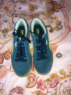 puma suedes with lime yellow stripe