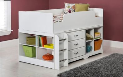 Twin Loft Bed with Storage Shelves and Drawers