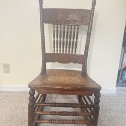 Antique Solid Oak Cane Seat Chair – Early 1900s Carved Back
