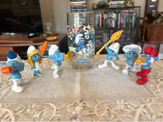 Lot of 6 Vintage SMURFS & 1983 SMURF DRINKING GLASS