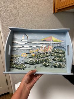 ***PENDING Wood tray vintage with ocean scene