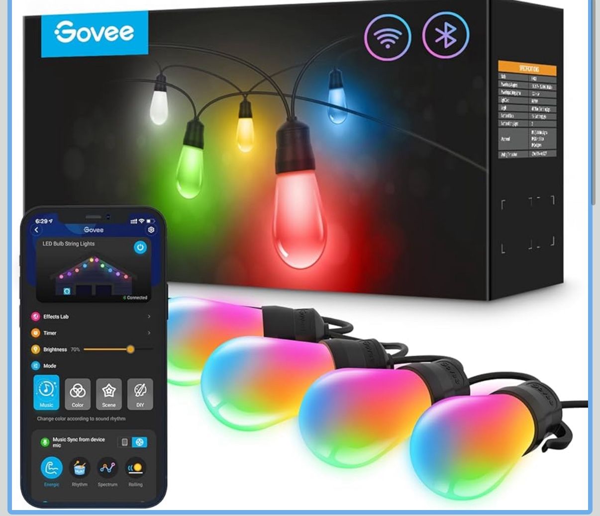 Govee Smart Outdoor String Lights H7021, RGBIC Warm White 96ft (2 Ropes of 48ft) LED Bulbs for Outdoor Decorations, WiFi Patio Lights Work with Alexa,