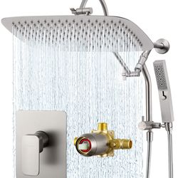 G-Promise 14 Inches Shower Faucet Sets Complete, All Metal Rainfall Shower Head And Handle Set, Extended Downward Diverter, Extension Arm And Pressure