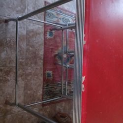 Antique Red Costco Table With Two Upright Stools