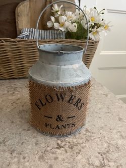 Galvanized and burlap vase $7