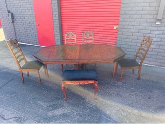 Vintage Dark Wood Dining Table Set 4 Chairs and Stool
