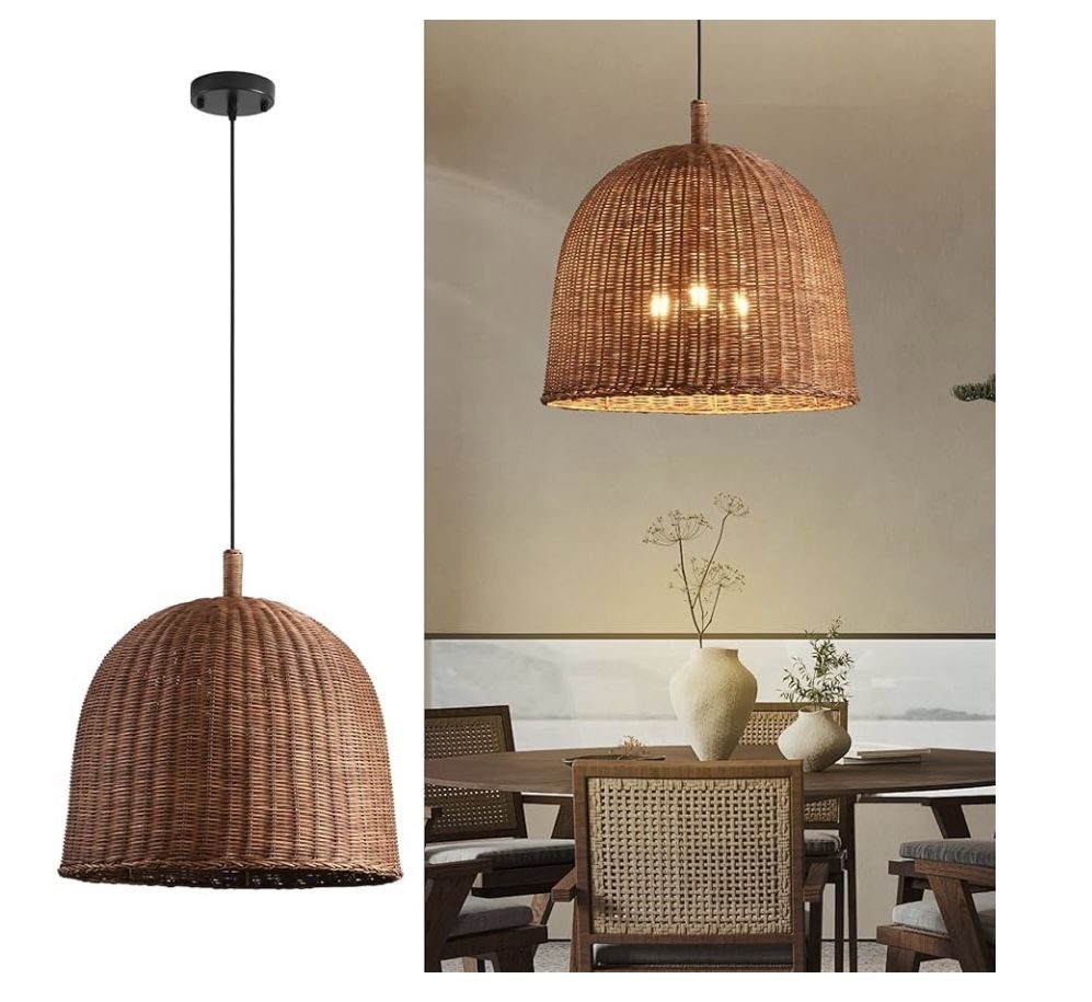 Teru Ji Kaikang 3-Light Dark Curry Rattan Pendant Light,16.54" Rustic Rattan Han