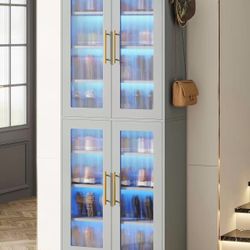 New assembled Tall Shoe Cabinet with Acrylic Doors and LED Lights, 8-Tier Entryway Shoe Organizer Storage Rack with Adjustable Shelves and Hanging Hoo