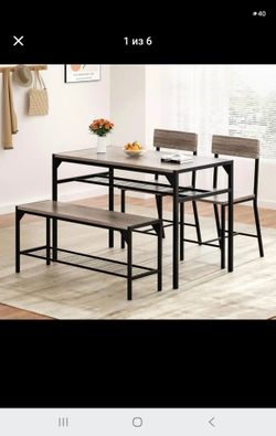 New in box Dining Table Set for 4 with Bench and Chairs, Oak Gray Kitchen Table Chairs Set of 4,