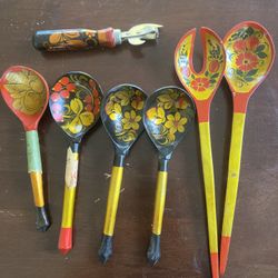 Hand-Painted Wooden Utensil Set From USSR