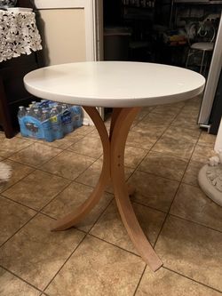 Vintage Modern Round Side Table White Top Wood Legs