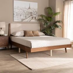 Mid-century Modern Style Queen Wood And Fabric Bed (NEW)Mattress Not Included!!