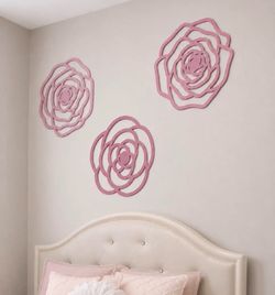 Set of 3 Pink large Glitter Flower  Wall Decor