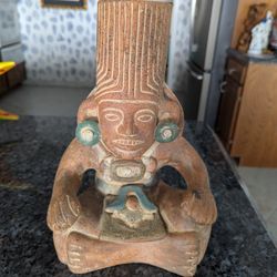 Vintage Aztec Mayan 12.5" Dry Vase Mexican Folk Art  Decor Red Clay Pottery 