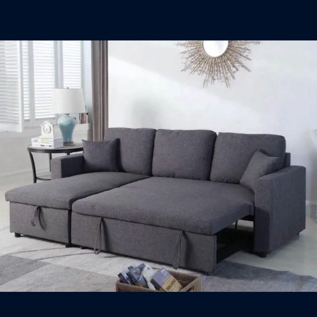 Living room set Sectional Sofa Pullout Bed W / Chaise Storage Fabric 88” X 57” x33”H