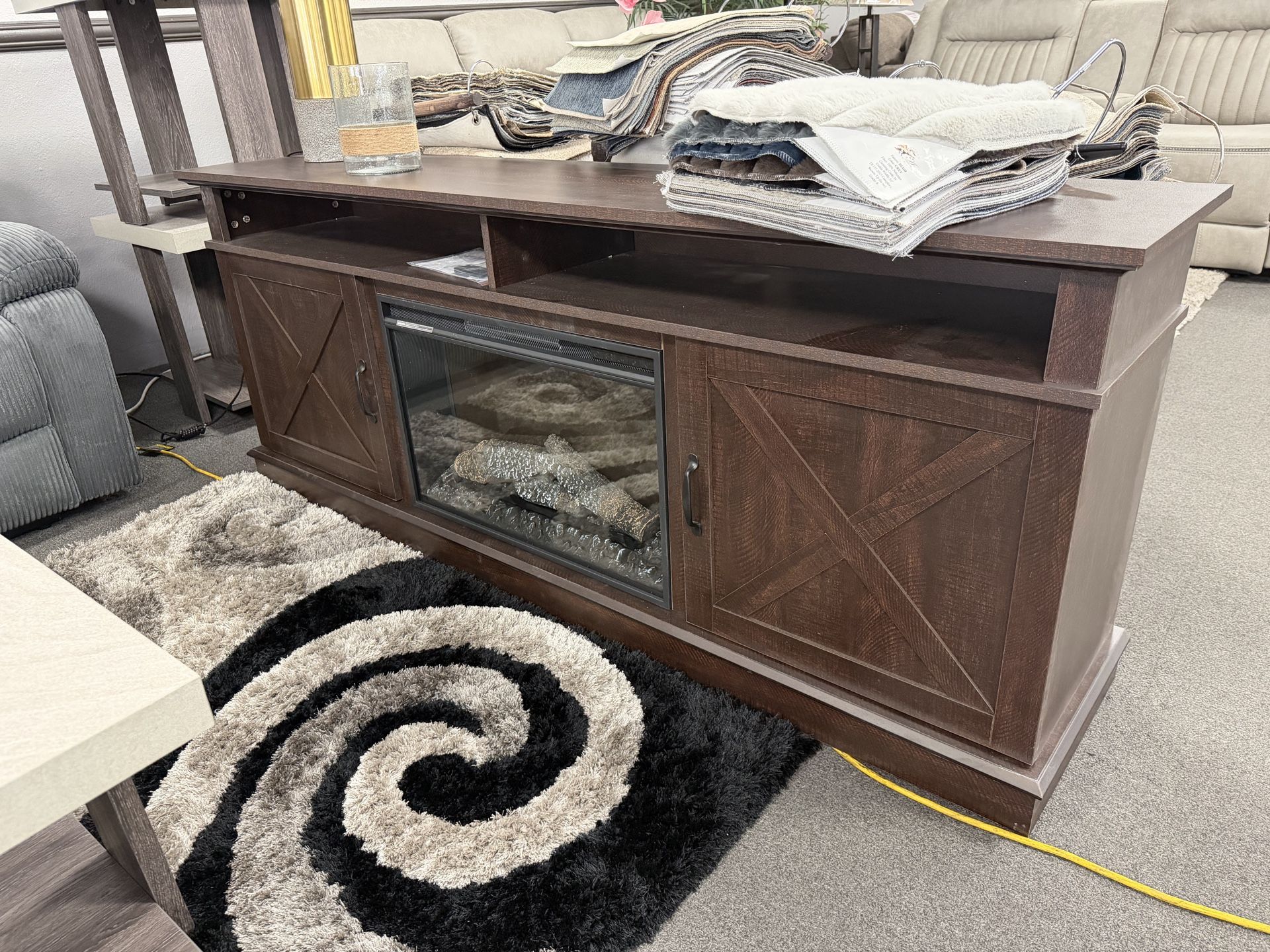 Brown 70” TV Stand w/ Fireplace