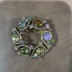 Monet Brooch Gold Tone Multicolor Rhinestones Wreath Pin