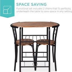Products 3-Piece Wooden Round Table & Chair Set for Kitchen, Dining Room, Compact Space w/Steel Frame, Built-in Wine Rack - Black/Brown