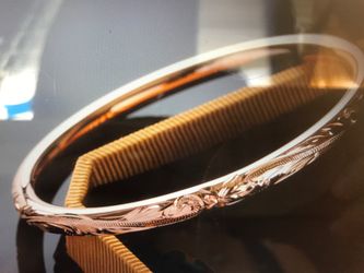 Hawaiian scrolling plumeria engraving round bangle pink gold 5.5mm 925 silver