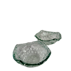 Two Spanish Recycled Textured Handmade Clear Green Glass Free Form Design Bowls.