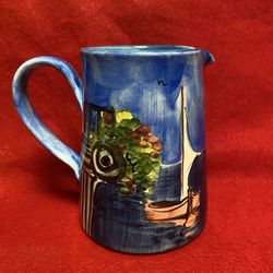 5.25 Inch Handmade Hand Painted Blue Ceramic Greek Pitcher Imported From Greece 