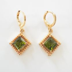14K Gold Plated Green Square Stone Earrings. New 