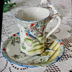 Vintage 70s Delicately Handpainted Ornate Bluebird Demitasse Cup And Saucer Japan