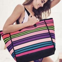 Victoria’s Secret Large Striped Fun Rainbow Neon Weekend Beach Pool Travel Canvas Tote Bag