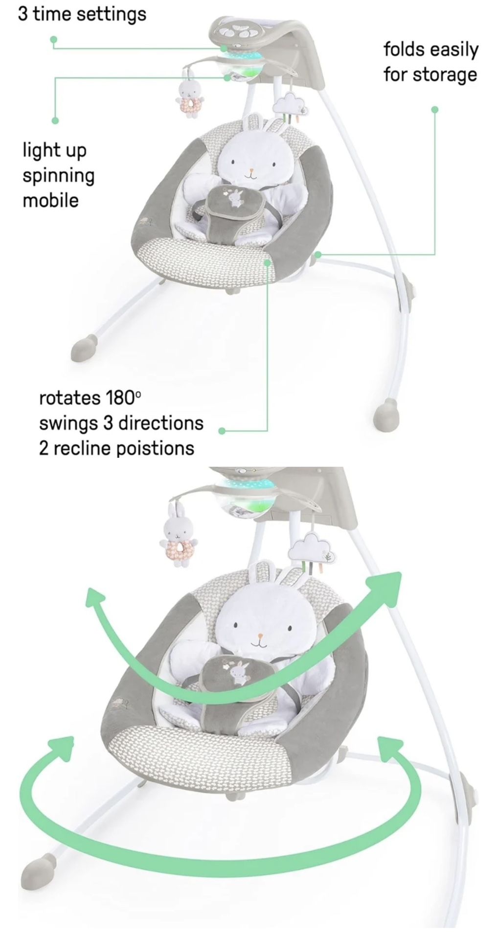 Ingenuity InLighten 6-Speed Foldable Baby Swing with Light Up Mobile, Swivel