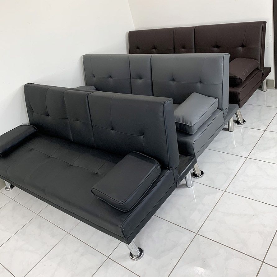 (New) $155 Futon Folding Sofa Bed 65x30x31” PU Leather w/ Cup Holder