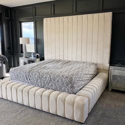 White Tufted Bed Frame With High Headboard 
