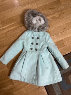 Girls Mint Double-Breasted Coat with Fur Hood Size 4T