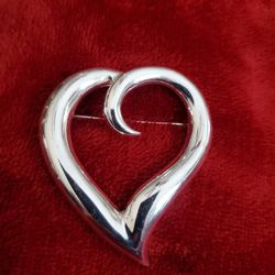 Signed Silvertone Open Heart Brooch