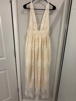 Cream Lace Floral Maxi Dress Deep V-Neck